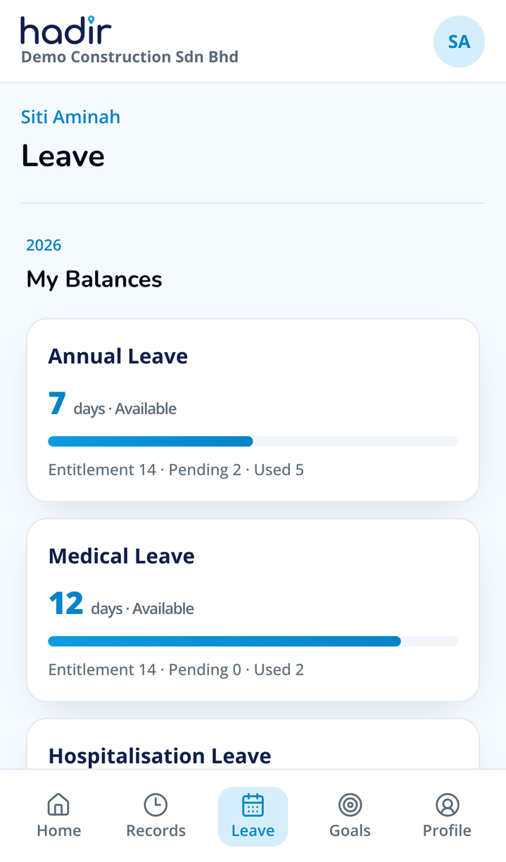 Leave application screen with balances and history